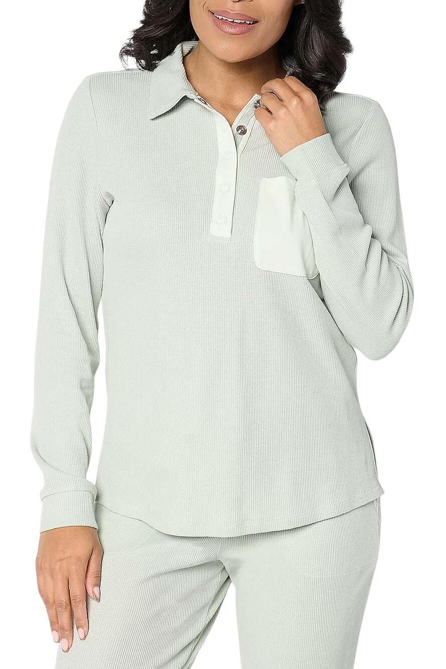 AnyBody Women's Cozy Knit Waffle Henley Top Aqua Grey - Regular